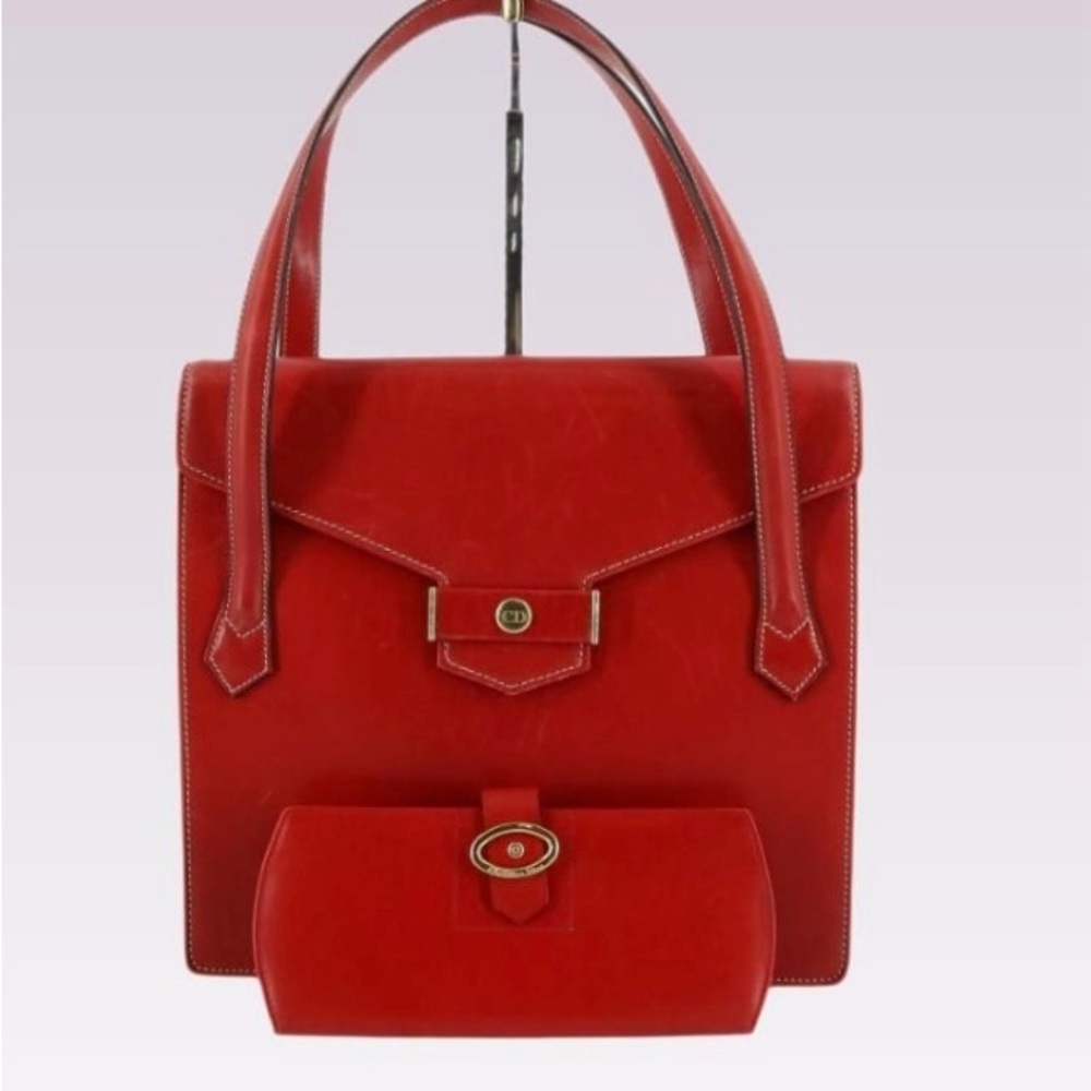 Elegant Red Christian Dior Leather Handbag with matching wallet